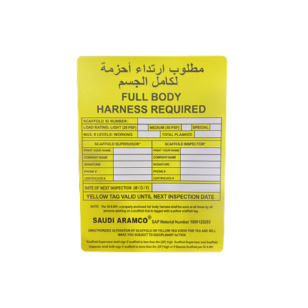 SCAFFOLDING TAG YELLOW ARAMCO STD